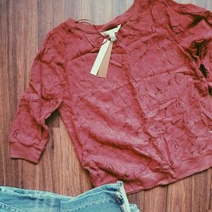 Lace 3/4 sleeve cotton/nylon pullover